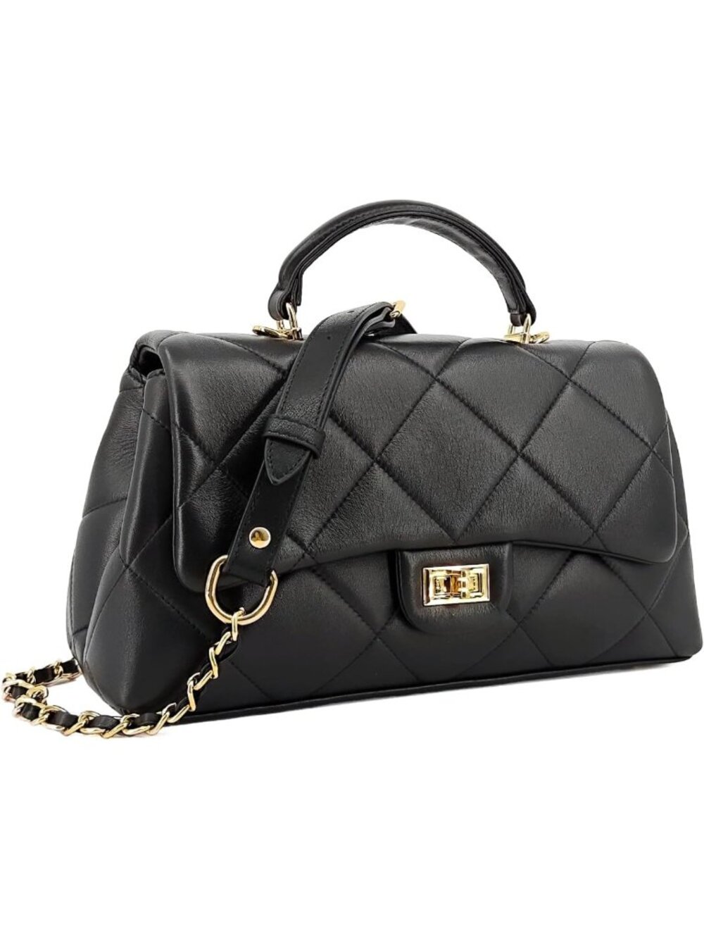 Stylish Quilted Leather Flap Crossbody Bag - Convertible Top Handle, Trapezoid